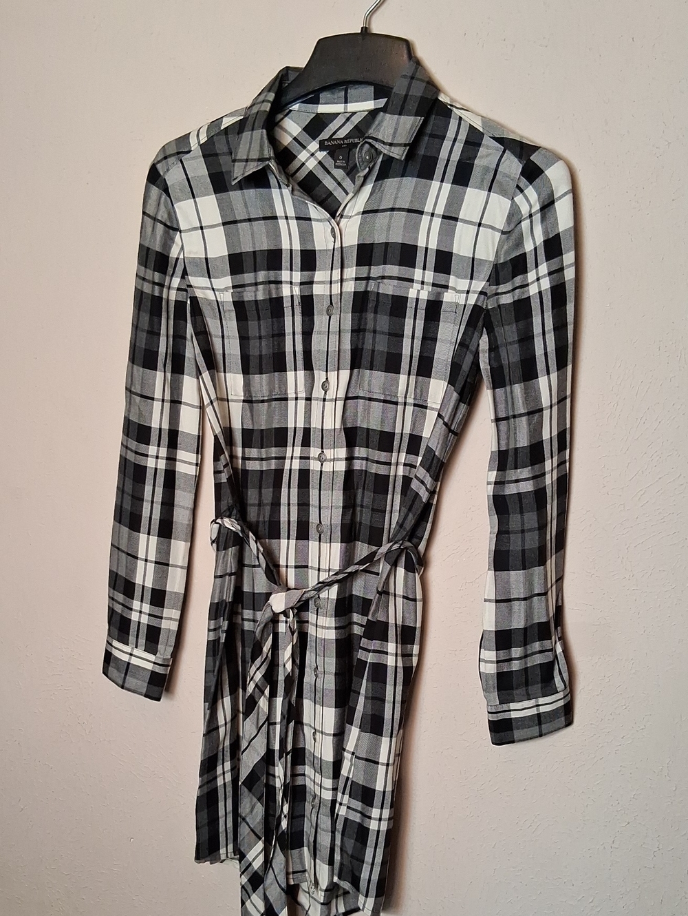 Banana Republic Black and White Plaid Shirt Dress with Waist Tie